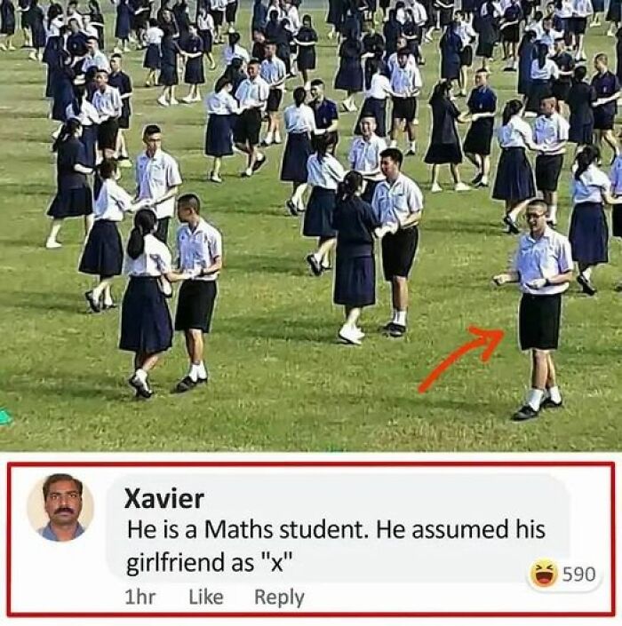 Math meme featuring a student standing alone as a "missing variable," with a humorous comment about assuming his girlfriend as "x."