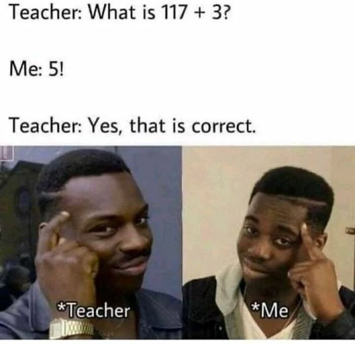 Funny math meme showing a student and teacher joking about a wrong answer in hilarious math memes.