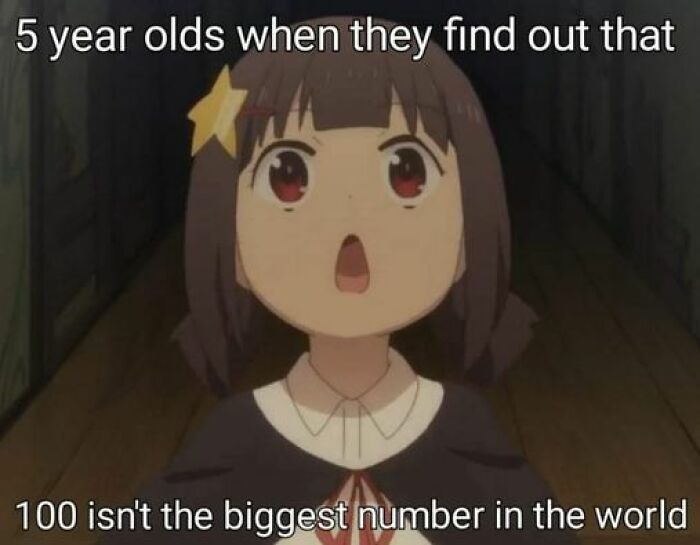 Anime character surprised, reacting humorously to learning about large numbers, highlighting a math meme concept.