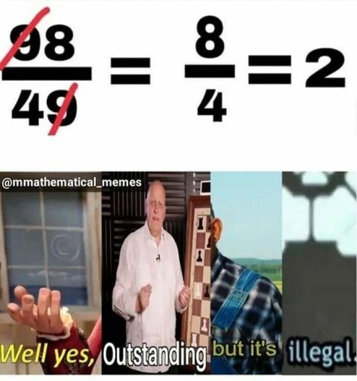 Math meme showing a simplified fraction with humorous reaction images for people who didn't fail math in school.