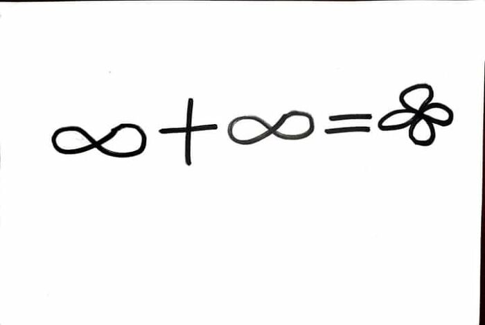 Hand-drawn math meme showing infinity symbol plus infinity equals a flower, illustrating a hilarious math concept.