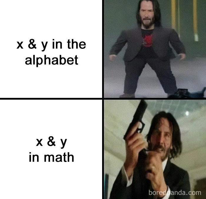 Funny math meme contrasting x & y usage, featuring a serious character portrayal.