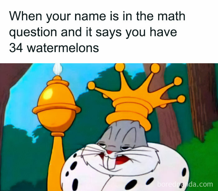 Cartoon character wearing a crown and robe joking about math problems with watermelons.