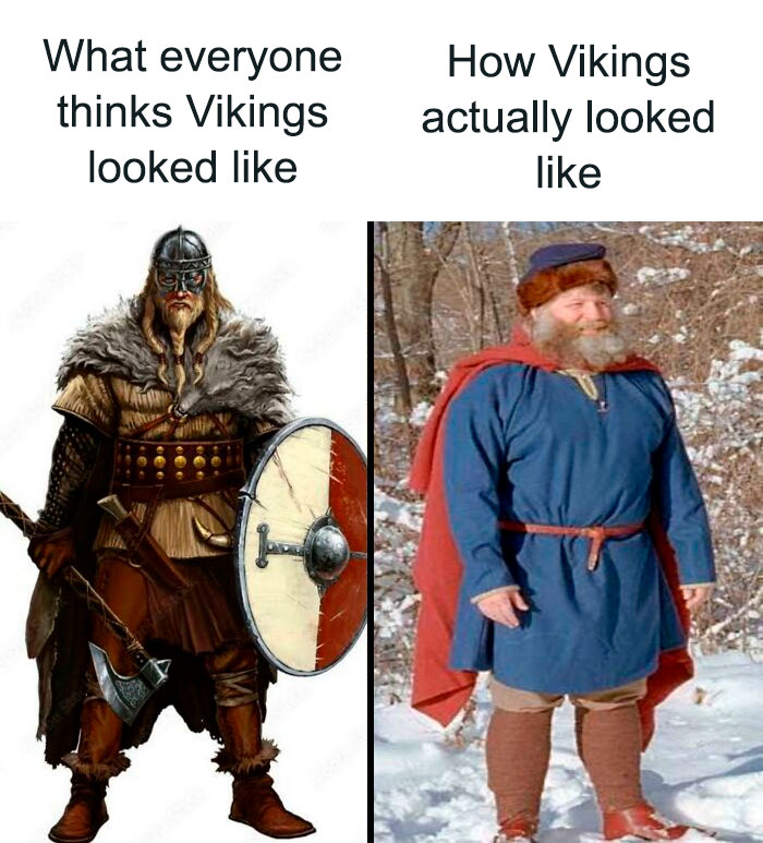 Comparison meme showing a fierce Viking warrior vs a real Viking in simple clothes in a snowy landscape for history memes.
