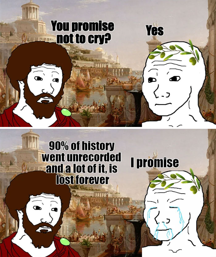 Two cartoon characters with ancient Greek attire discussing lost history, depicted in a history memes style.