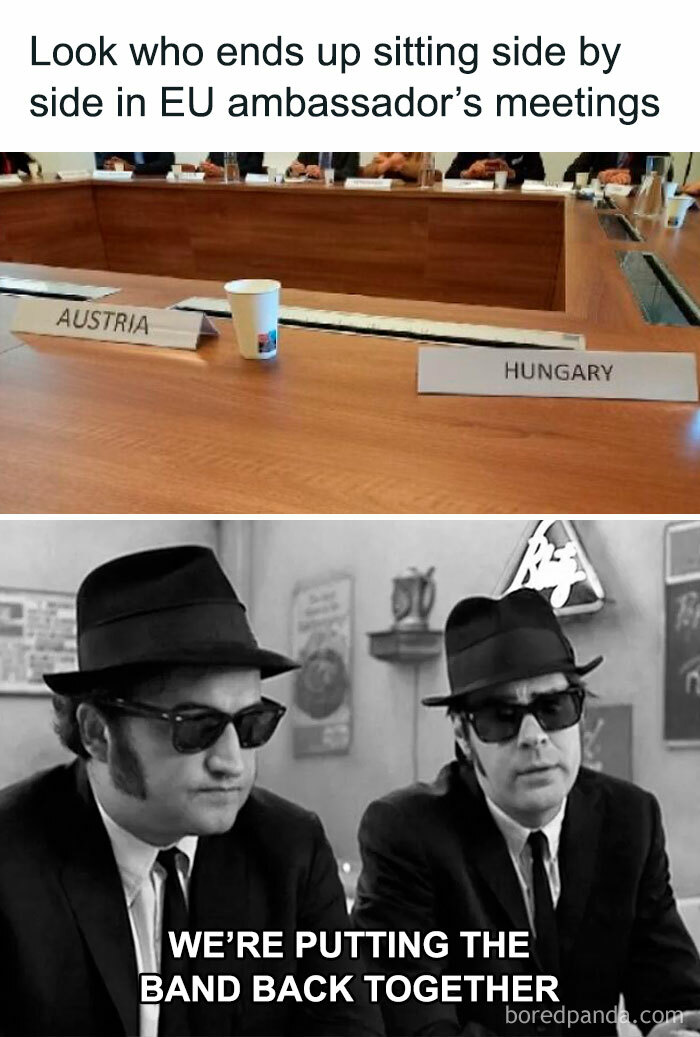 Two images in a history meme about Austria and Hungary sitting together, referencing historical ties.