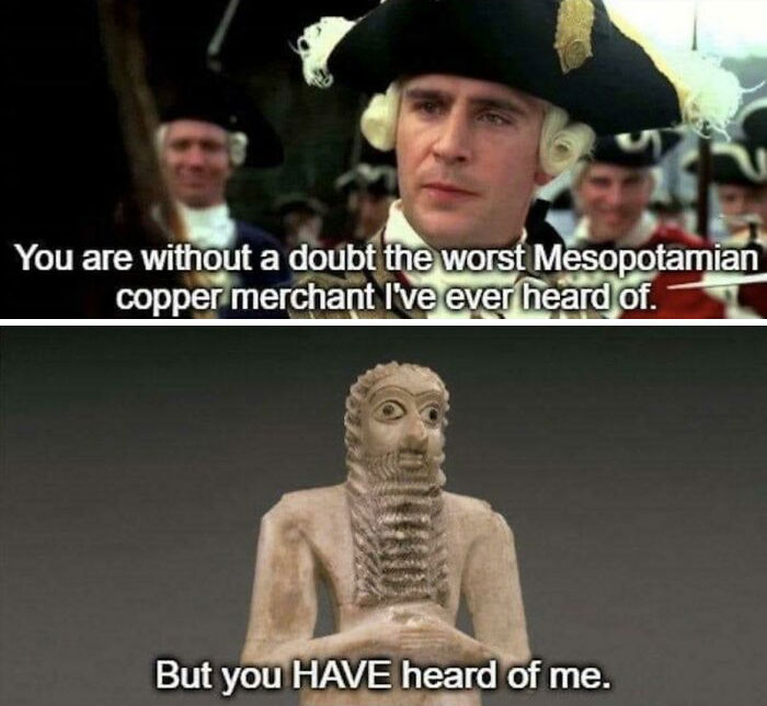 Historical meme featuring a colonial officer and ancient Mesopotamian statue discussing a copper merchant's reputation.
