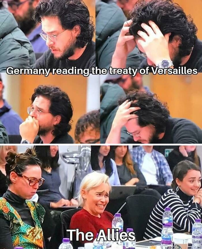 Man reacting with stress reading the Treaty of Versailles, capturing history memes about key moments from our past.