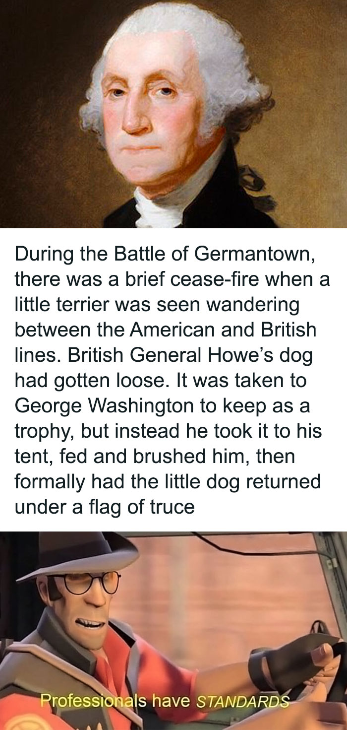 Portrait of George Washington with a history meme about a dog truce during the Battle of Germantown.