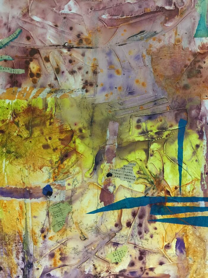 “Trapped In Meditation” Acrylics With Tissue, Antique Book Pieces And Putty. 34 By 36