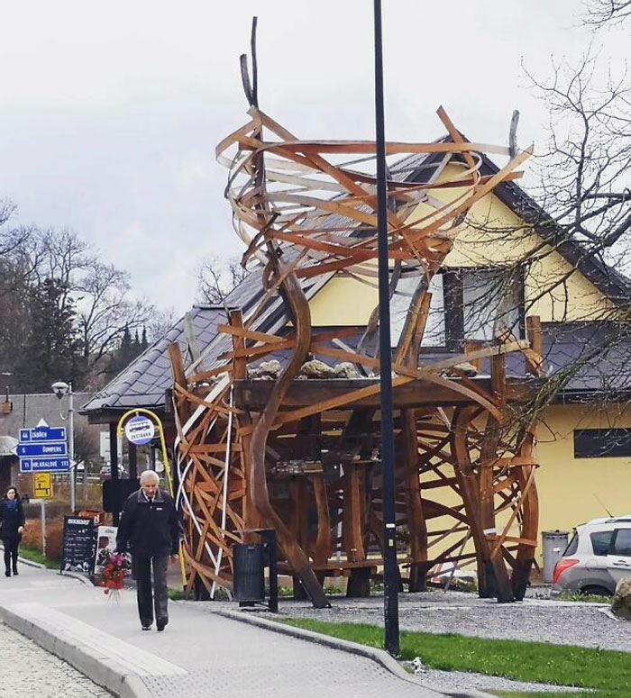 Fancy Wood Structure Bus Stop Off The Main Road In Bludov, Northern Moravia