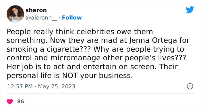 Tweet text discussing public reaction to Jenna Ortega smoking, questioning celebrity management.