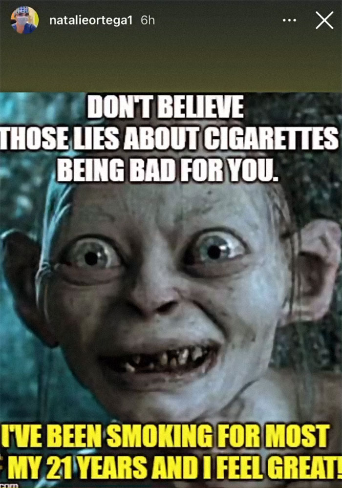 Meme about smoking featuring a character with a humorous caption on the risks of cigarettes.
