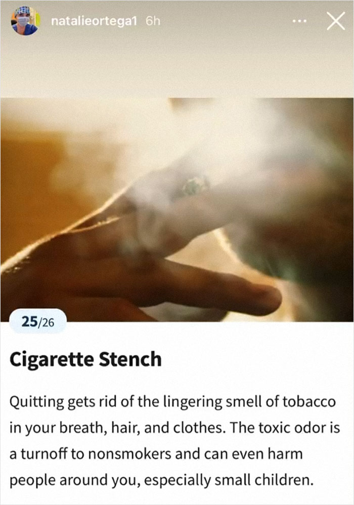 Person holding a cigarette, surrounded by smoke, with caption about cigarette stench effects on non-smokers and children.