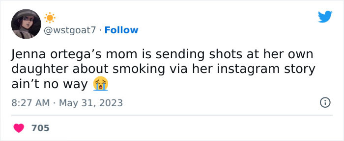 Tweet about Jenna Ortega's mom calling out her smoking on Instagram with a shocked emoji and 705 likes.