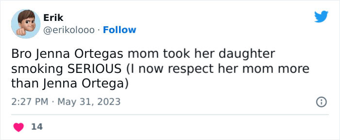 Tweet discusses Jenna Ortega's public smoking and her mom's reaction.