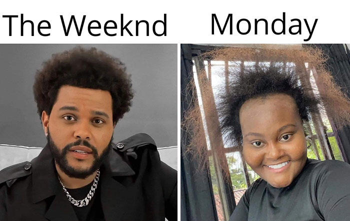 Before and after images featuring "The Weekend" and "Monday" expressions, highlighting a common Monday meme theme.