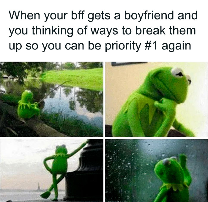 Kermit the Frog thinking meme about friendship priorities, featuring four different scenes.