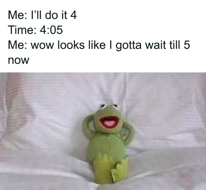 Kermit the Frog meme relaxing on a bed with humorous text about procrastination.