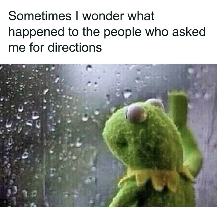 Kermit the Frog looking out a rainy window, pondering directions in this relatable meme.