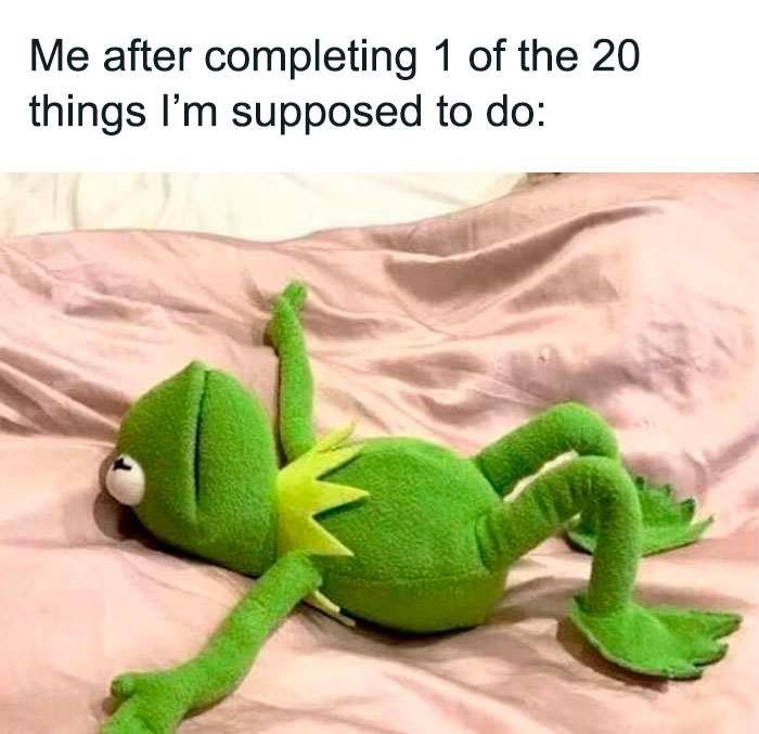 Kermit the Frog lying on a bed, humorously exhausted after finishing one task, illustrating a relatable meme moment.