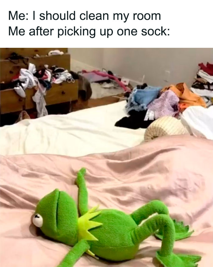 Kermit the Frog laying exhausted on a messy bed, capturing the feeling of giving up after minimal effort.