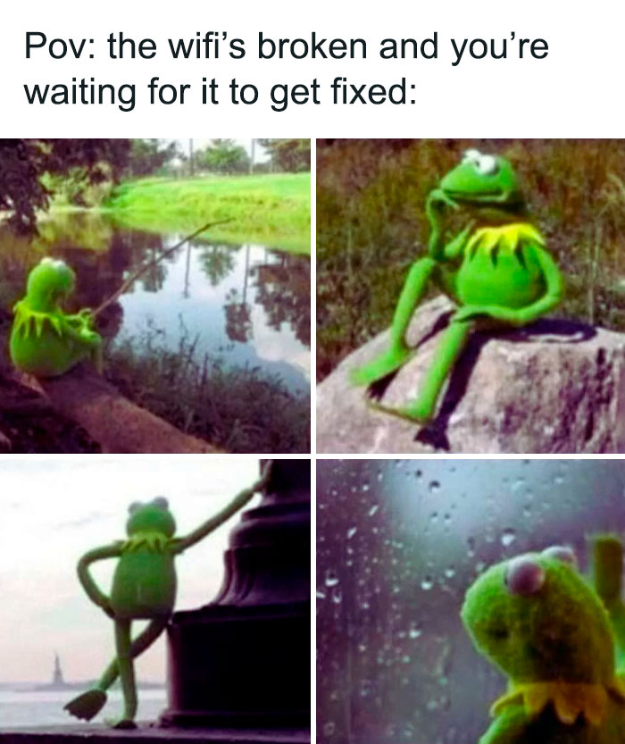 Kermit the Frog meme showing various contemplative poses, humorously depicting waiting for broken WiFi to be fixed.