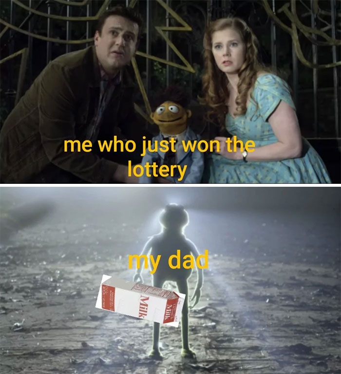 Kermit the Frog meme with Kermit holding milk, humorously highlighting a lottery win scenario.