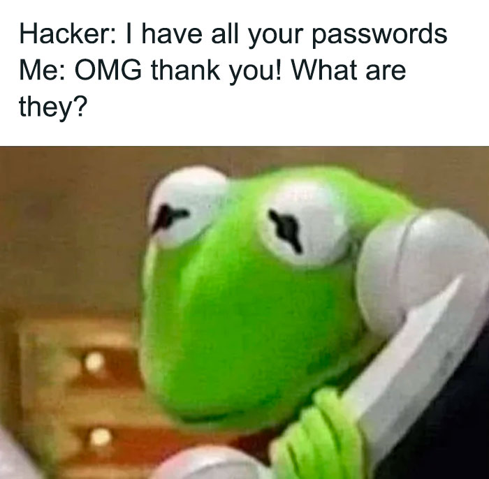 Kermit the Frog talking on the phone, humorously reacting to a hacker in a meme format.