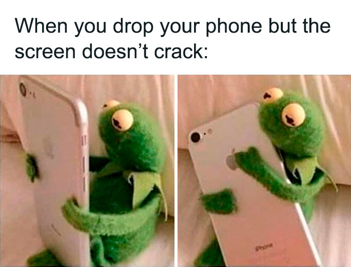 Kermit the Frog hugging a phone meme, expressing relief and happiness.