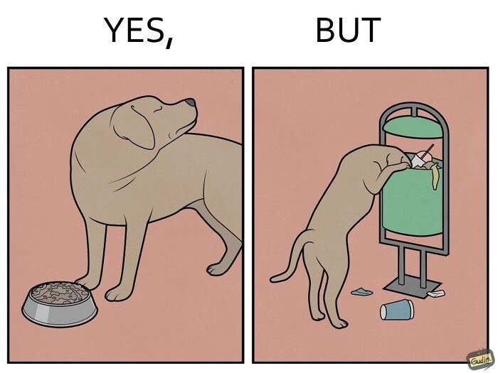 Illustration depicting society’s contradictions with a dog ignoring food but scavenging trash in pet edition comics.