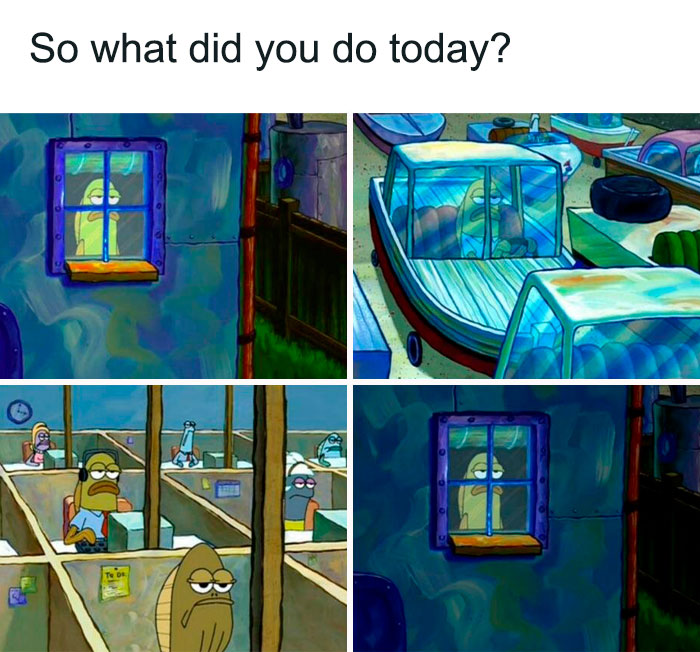 Animated character looking bored in a window and at work, depicting Monday memes for a less miserable day.