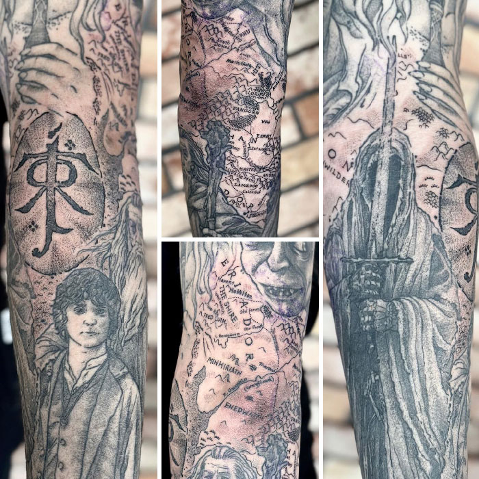 Detailed Lord of the Rings tattoo featuring characters and maps in black and gray ink.