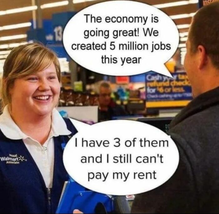 Walmart cashier and customer exchange humorous dialogue about the economy, reflecting "Men's Humor" meme style.