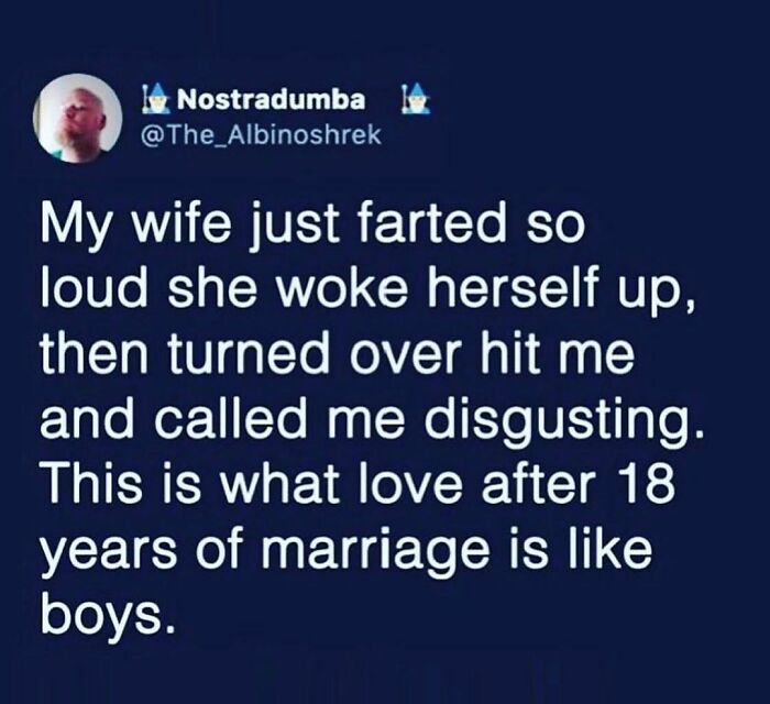 Meme from Men's Humor page about marriage, humorously describing waking up due to a loud fart after 18 years together.