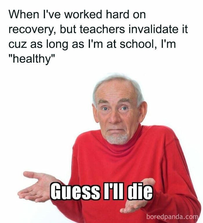 Elderly man shrugging humorously in mental health meme.