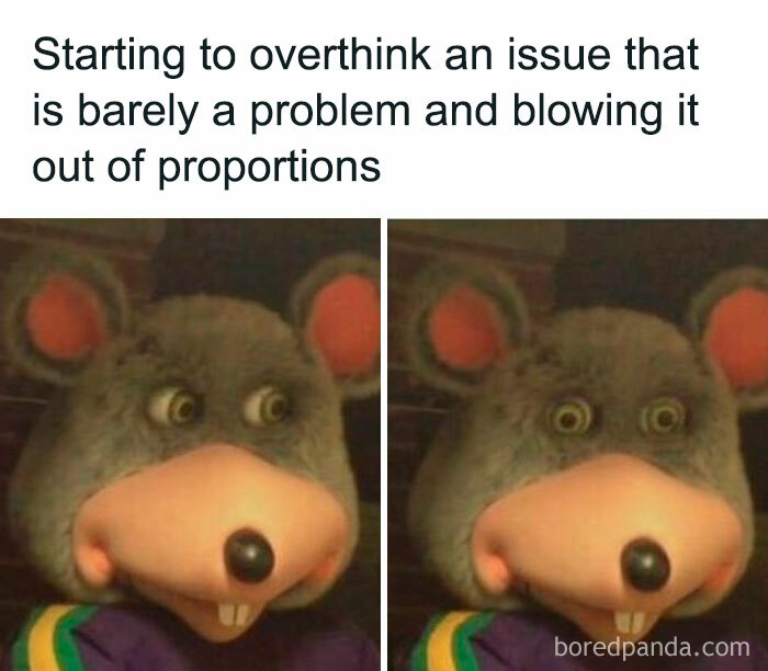 Character with wide eyes humorously depicting mental health meme about overthinking small issues.