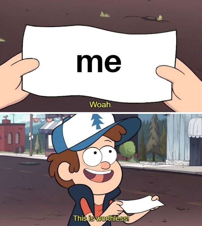 Animated character holding a paper labeled "me" with humorous reaction; captures mental health meme theme.