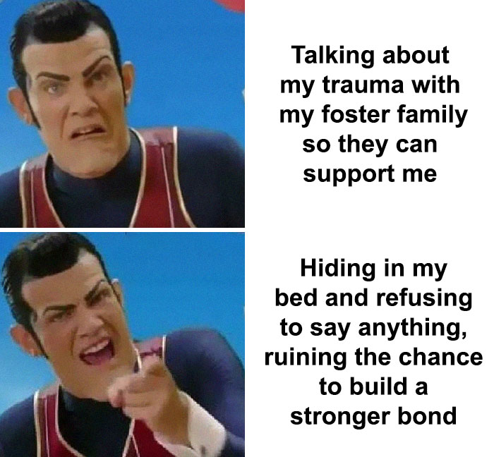 Man in meme highlighting the struggle of discussing trauma versus staying silent, related to mental health themes.