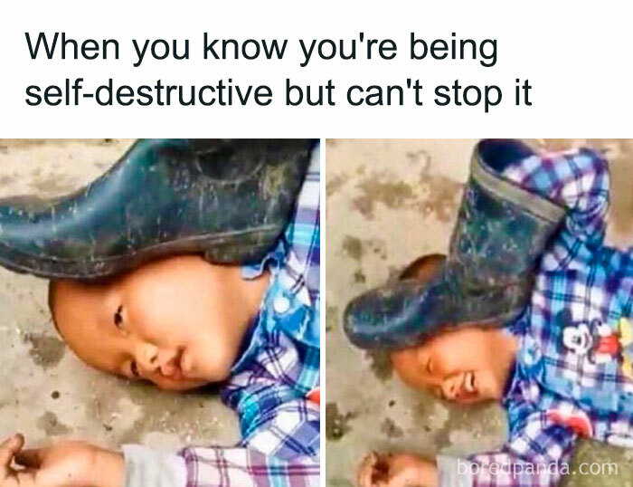 Child playfully placing a boot on own head, capturing a humorous take on self-destructive behavior for mental health memes.
