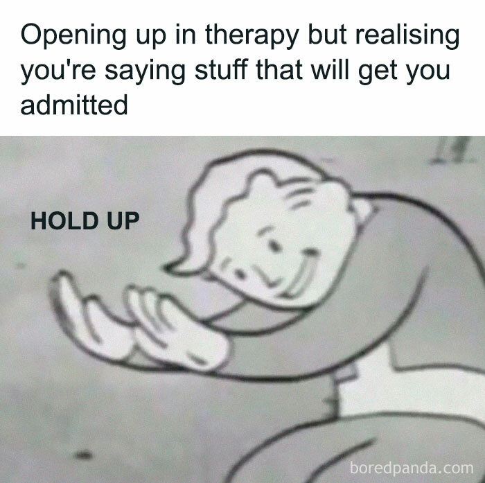 Cartoon character pausing during a therapy session, reflecting a funny approach to mental health discussions.