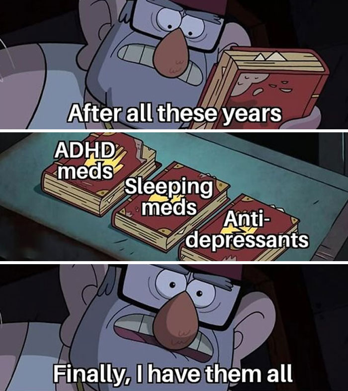 Cartoon character humorously collecting mental health meds like treasures.