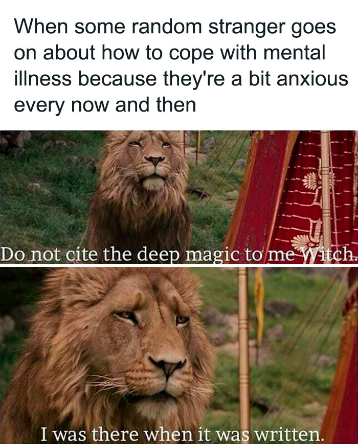 Lion meme humorously addressing mental health advice from strangers.