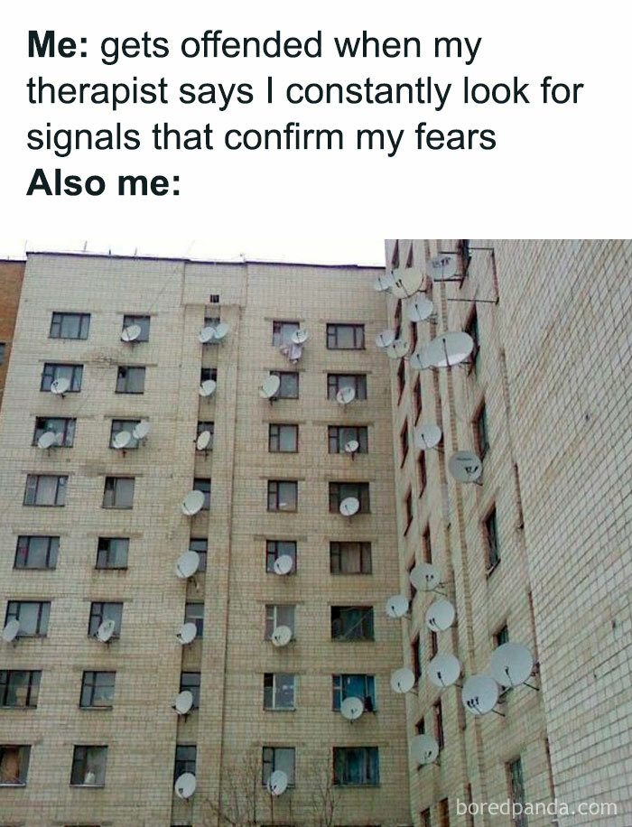 Mental health meme featuring a building covered in satellite dishes, illustrating confirmation bias humor.