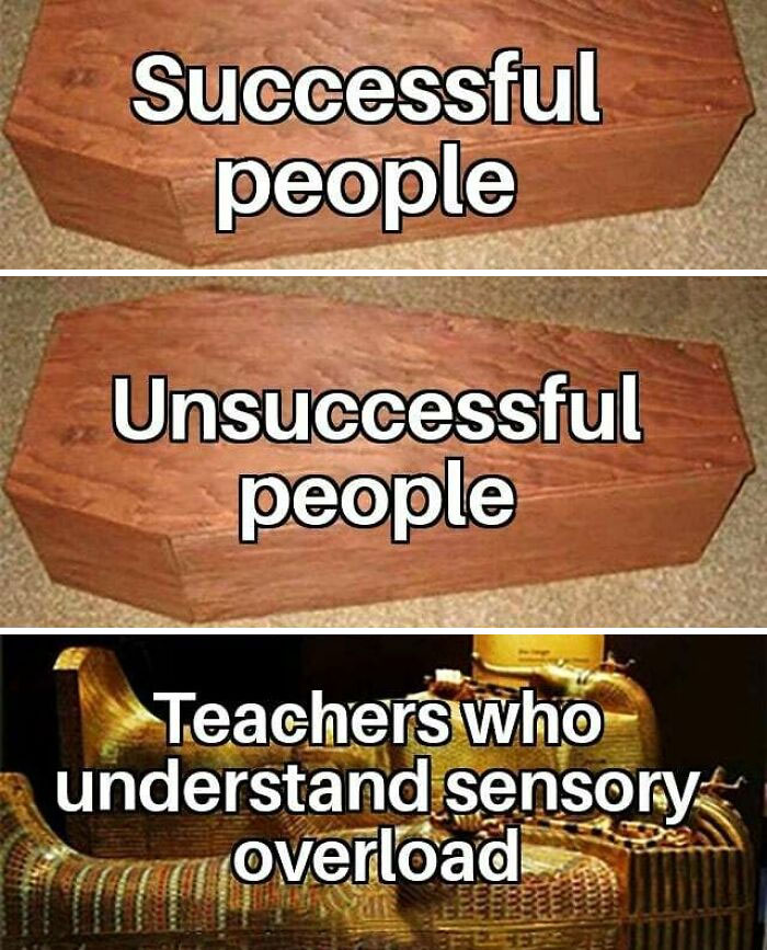 Coffin meme humorously comparing successful, unsuccessful people and teachers understanding sensory overload.