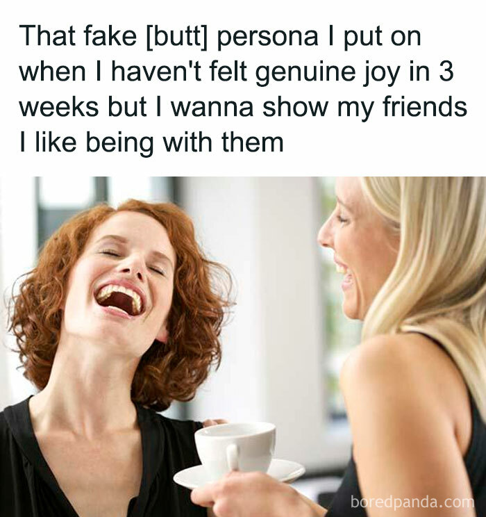 Two women laughing together, capturing a lighthearted moment related to mental health memes.