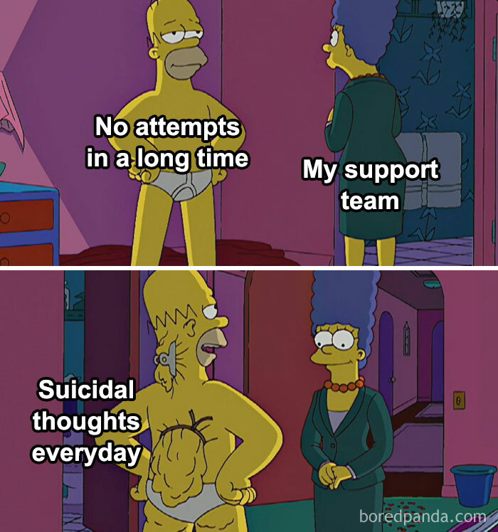 Cartoon characters humorously depict mental health challenges, with one labeled as "support team."