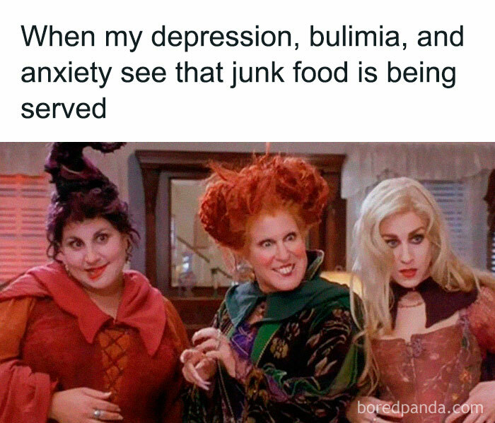 Three women in costumes reacting humorously to the thought of junk food, illustrating mental health memes.
