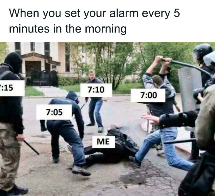 Monday memes humorously depicting alarms overwhelming a person in a morning struggle.