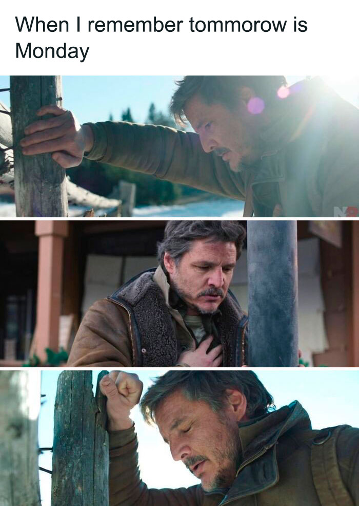 A man looking frustrated outdoors, with "When I remember tomorrow is Monday" caption. Appears stressed about Monday.